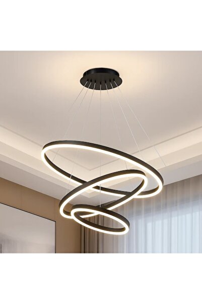 OEM CASIANA 84W LED Hanging Chandelier with Remote, 3 Rings, Cool/Warm/Neutral Light, Dimmable, Black, A