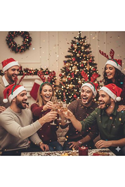 VESTA MARKETİNG Yılbaşı Eğlence Seti, 5 Geyik Figür Taç+ 5 Noel Baba Şapkası