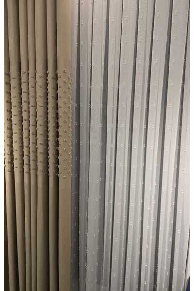 Taç Trendy Product: Linen Fabric with Pompom Detail on a Plain Background, Tight Pleats, No Ironing Required, Dot Pattern