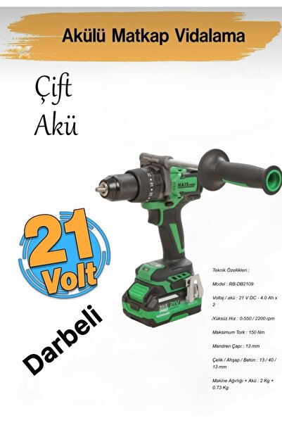 Hais Pro Profesyonel Darbeli Matkap 21 V 4.0 Ah Çift Akülü Kömürsüz Motor