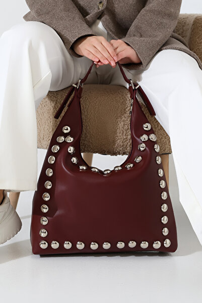 BALANZ Дамска кожена чанта в цвят бордо, голям размер, с капси, чанта за рамо...