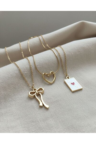 Baelde Fiyonk-kalp-as Altın Renk 3’lü Çelik Zincirli Kolye Set