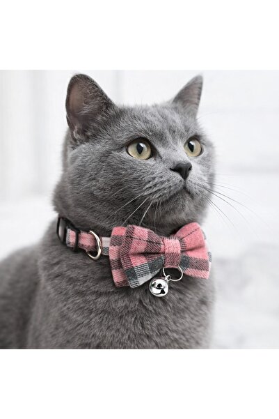 PAWNEST Pink Plaid Bow Cat Collar – Rattle, Adjustable, Safety Buckle