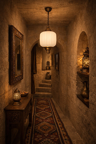 Uçar Büyük Kapadokya Klasik Otel Antre Hol Mutfak Otantik Renk Sarkıt Minimal Camlı Tekli Avize