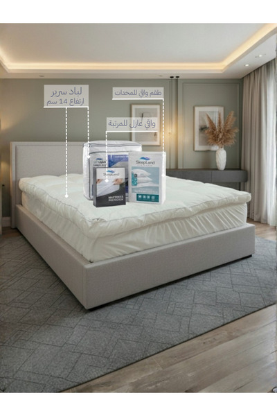 SLEEPLAND بكج حماية وراحة السرير | لباد فندقي 180× 200 ارتفاع 14 سم + واقي مرتبة + واقي مخدات