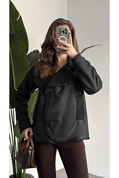 asfamoda Kadın Siyah Düğmeli İçi Yünlü Vintage Oversize Süet Ceket Mont