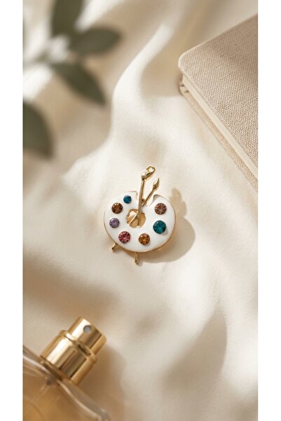SR Jewelry Box Ressam Paleti ve Fırça Figürlü Broş | Renkli Taşlı Sanat Temalı Mine Kaplama Kadın Aksesuarı