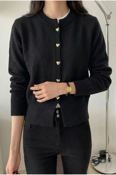 FEMELLE Women's Black Heart Buttoned Standard Size Knitwear Cardigan (Product Length 54 cm)