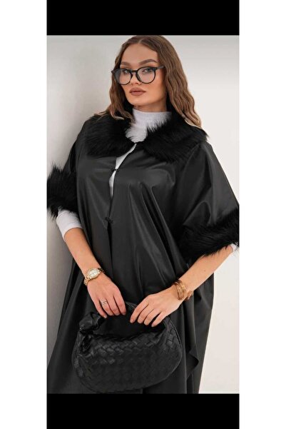 BY AKKAYA Long Poncho with Collar and Sleeve Details, Leather, Wearable in Sizes 38-48
