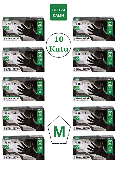 Has-Pet Ekstra Kalın Siyah Pudrasız Nitril Eldiven Medium 50'Li 10 Kutu