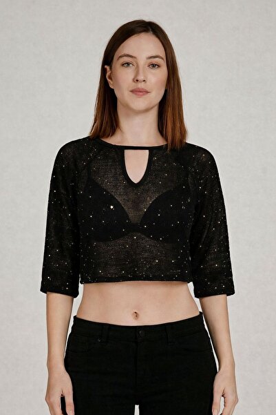 MODARENGİN GOLD PUL DETAYLI TÜL CROP BLUZ
