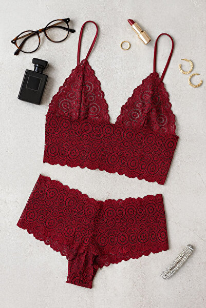 İntive Lingerie Set de pantaloni scurți din dantelă burgundă pentru femei – L...
