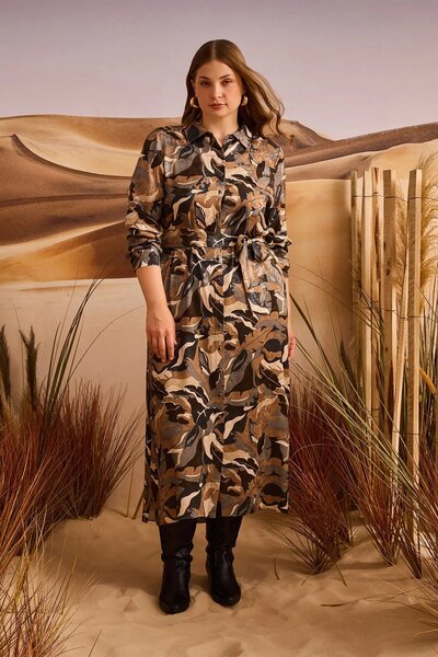 Rain and River Plus-size patterned jacquard dress with a belt.