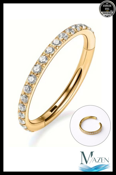 MAZEN Zirkon Taşlı 1 mm İnce Bar | Tam Tur Halka Klipsli Piercing | Cerrahi Ç...