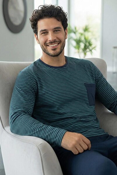 Pijamaevi Lacivert Yeşil Çizgi Desenli Stylish Erkek Uzun Kol Pijama Takımı