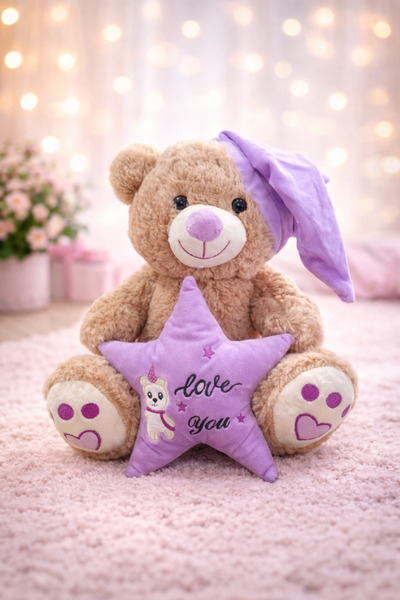 TOHA Peluş Ayı 35 cm Yıldız Yastıklı – Yumuşak Dokulu Hediyelik Ayıcık Uyku A...