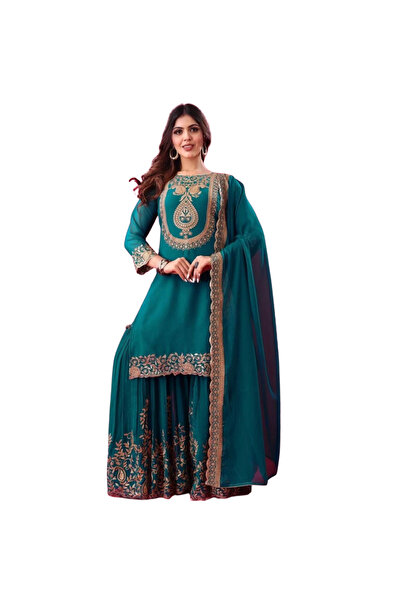 MYSMAR Blue Blooming Faux Georgette Embroidered Kurti Palazzo & Dupatta - HRT2123 | Blue