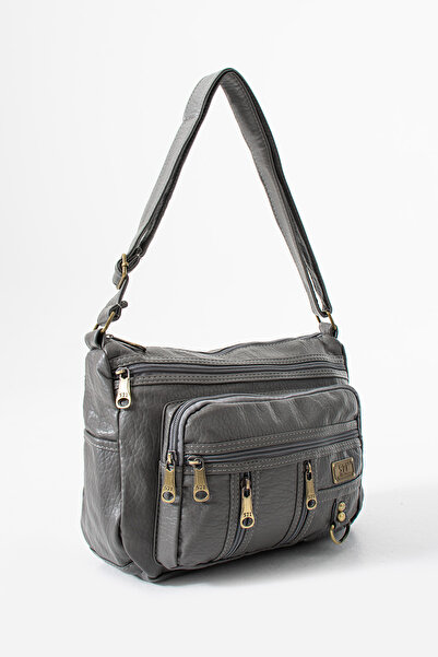 DUOMİNO Gray Washed Leather Multi-Pocket Crossbody Bag / Shoulder Bag / Messenger Bag