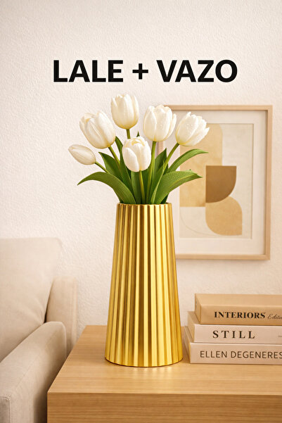 Diana Accessory 5’li Yapay Lale Çiçeği + Pinterest Model Gold Renk Vazo