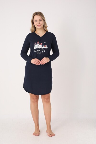 Serena Rochie damă Crăciun bleumarin cu pitici „Merry Christmas”, mânecă lungă și fundițe la decolteu