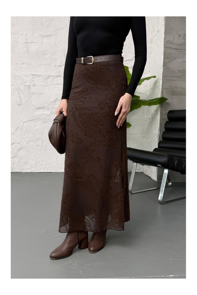 Elif Özbey Butik Kahverengi Kadife Desen Etek