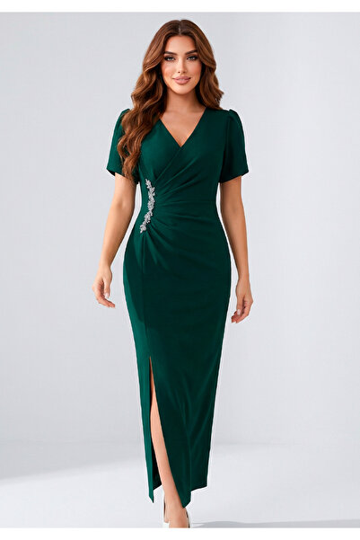 Little Visqon Kruvaze Yaka Taş Detaylı Yırtmaçlı Davet ve Gece Elbisesi