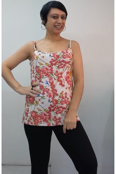 Mertcan Butik Cream Squirrel Bird Floral Patterned Rope Strap Combed Viscose T-Shirt