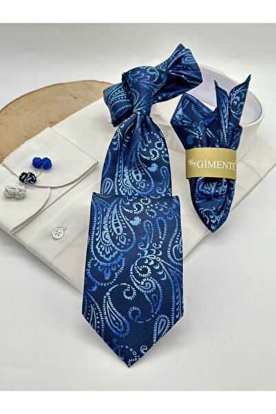 Gutiero ربطة عنق كلاسيكية منقوشة باللون الأزرق الداكن مع منديل