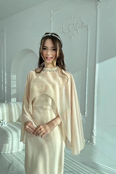 HELİS BUTİK Κομψό μπεζ φόρεμα με αποσπώμενο σάλι