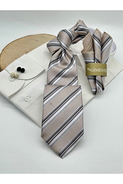 Gutiero Classic Necktie with Gray Striped Handkerchief