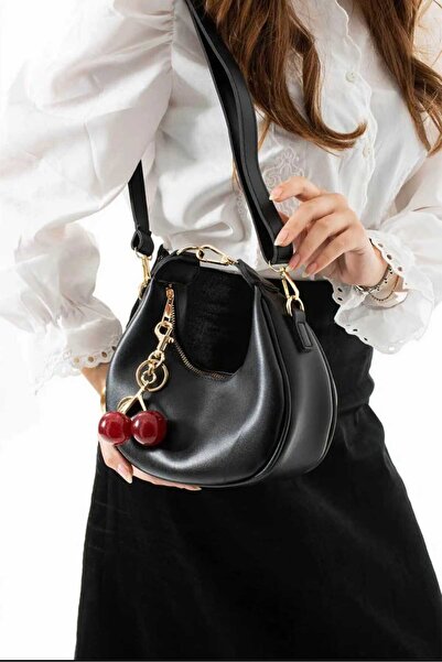 ÖZÜM TAKI Women's Hand and Shoulder Bag Matte Black with Cherry Charm Gift