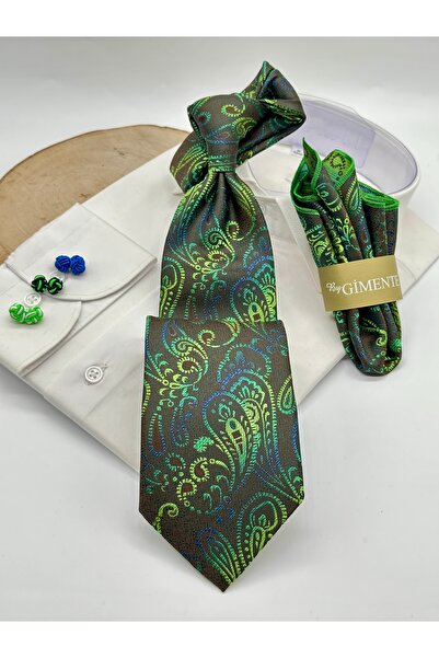 Gutiero Classic Tie with Green Paisley Patterned Handkerchief