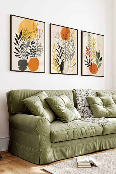 kutuTR Siyah Çerçeveli 2D UV Baskı 3’lü MDF Tablo Set – Turuncu Güneş ve Yapr...