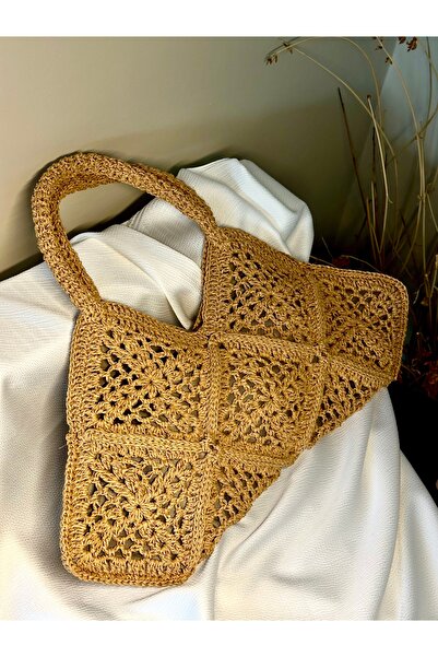 Store Hasır Motifli Örme Açık Renkli Kahverengi Çanta