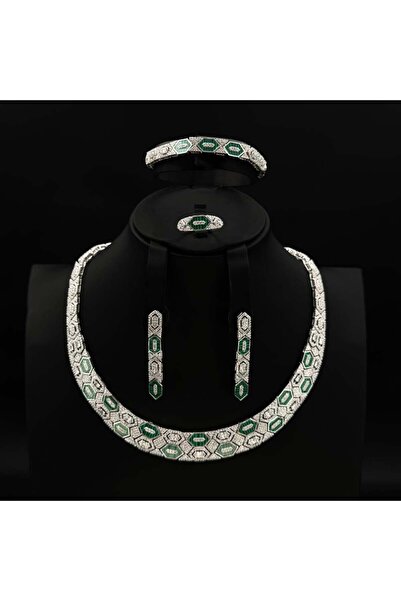 Generic طقم زيركون فضي مكس اخضر أنيق بإصدار خاص دقة الماس 5 قطع بضمان على اللون