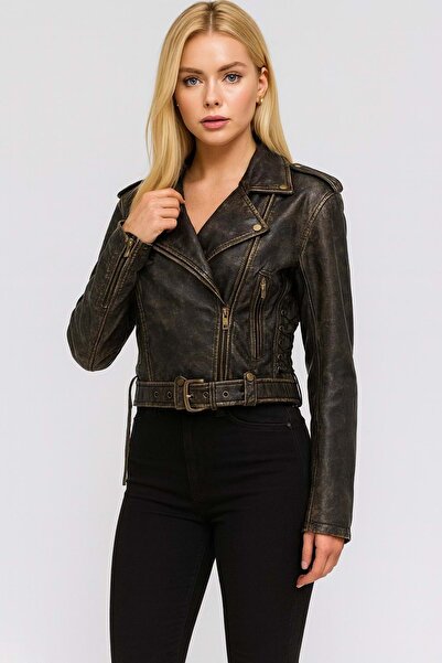 ibeeka Jachetă din piele cu design detaliat în bronz antic