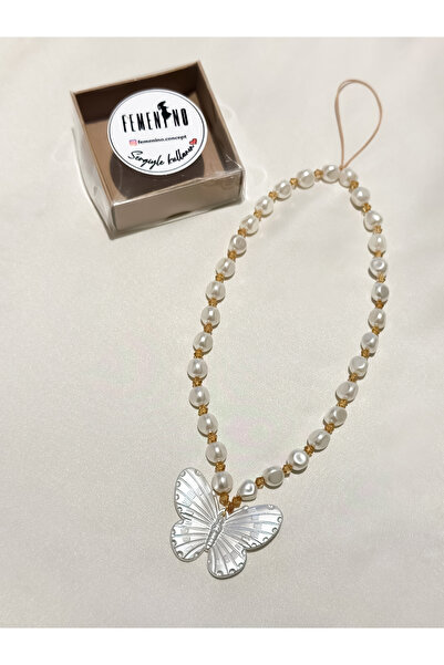 Femenino Gold Kristal Boncuklu Kelebek Detaylı İnci Telefon İpi Telefon Charm...
