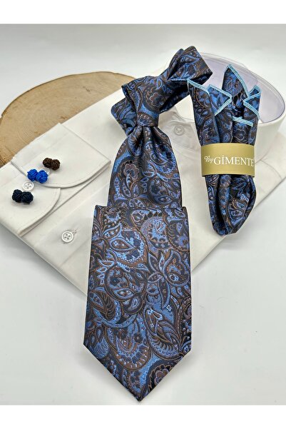 Gutiero ربطة عنق كلاسيكية مع منديل منقوش بالشال باللون الأزرق والبني