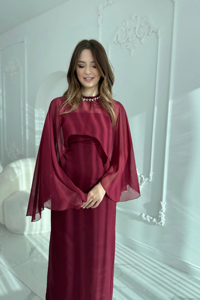 HELİS BUTİK Çıkarılabilir Şal Detaylı Zarif Bordo Elbise