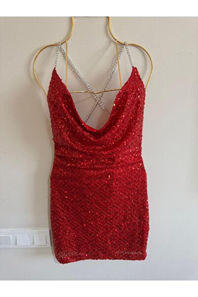 SheEva Yılbaşı kırmızı Elbise, Party After Mini elbise, Sırt Zincir Detay Min...