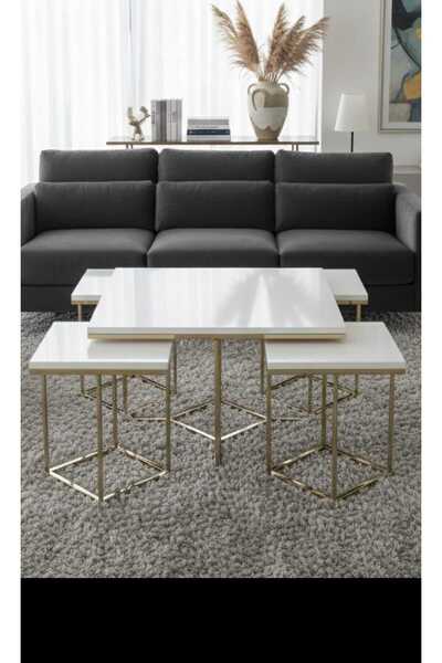 Nokta Sehpa Home 5Lİ HERKÜL 4+1 ORTA pizza SEHPA GOLD BEYAZ MDF TABLA