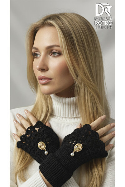 drt tasarım Cameo Victorian Stil Dantel Görünümlü parmaksız eldiven Siyah