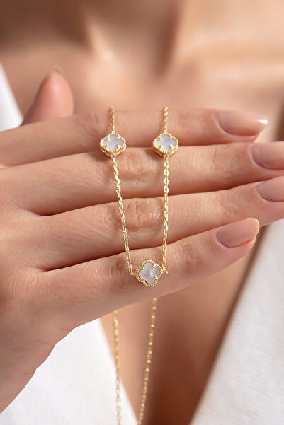 SARIASLAN Taşlı Dört Yaprak Yonca 925 Ayar Gümüş Kolye Altın Rengi