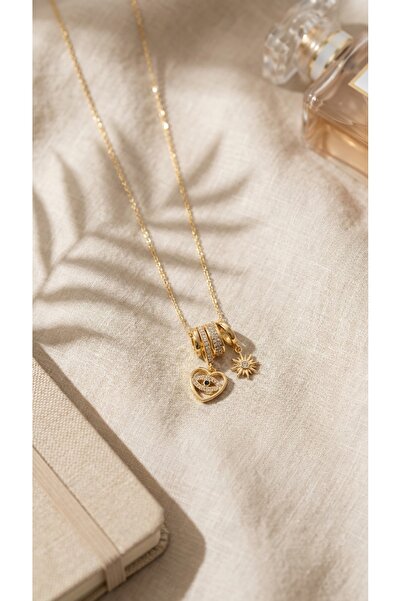 SR Jewelry Box Gold Çoklu Charm Kolye | Kalp, Nazar & Güneş Figürlü Zarif Tas...