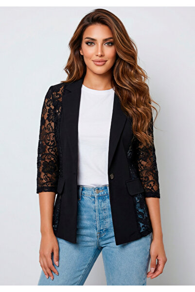 Little Visqon Kadın Dantel Detaylı Atlas Kumaş Blazer Şık Ceket