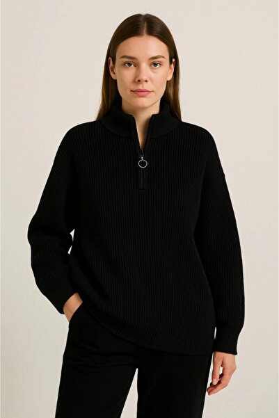 FRESCO SCARFS Women's Half-Zip Knit Sweater – Thessaloniki Knit, Stand-Up Collar, Cotton Woven, Oversized Long Sleeve Winter