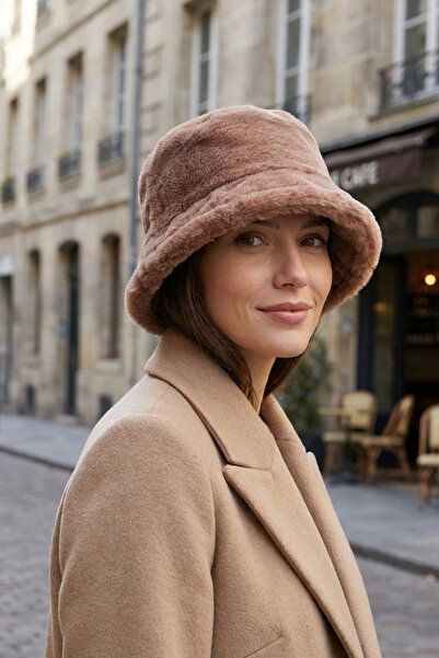 Kapin Camel Peluş Kürk Bucket Yuvarlak Balıkçı Şapka