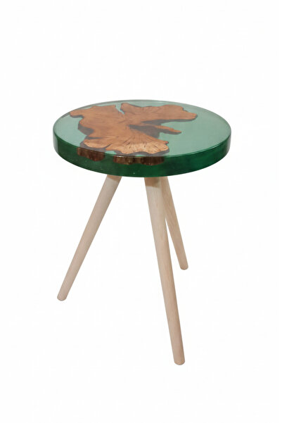 RESINO Şeffaf Yeşil Epoksi & Zeytin Ağacı Sehpa – Yuvarlak Tasarım, Doğal Ahş...