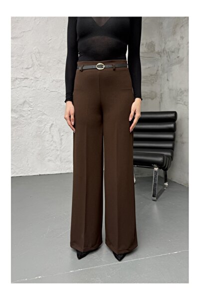 Elif Özbey Butik Kahverengi İnce Kemerli Bol Paça Pantolon