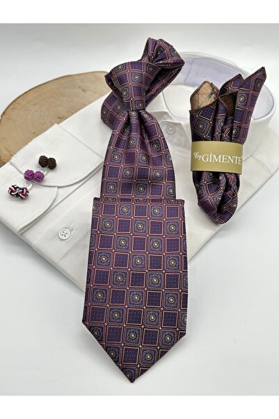 Gutiero Claret Red Patterned Classic Tie with Handkerchief